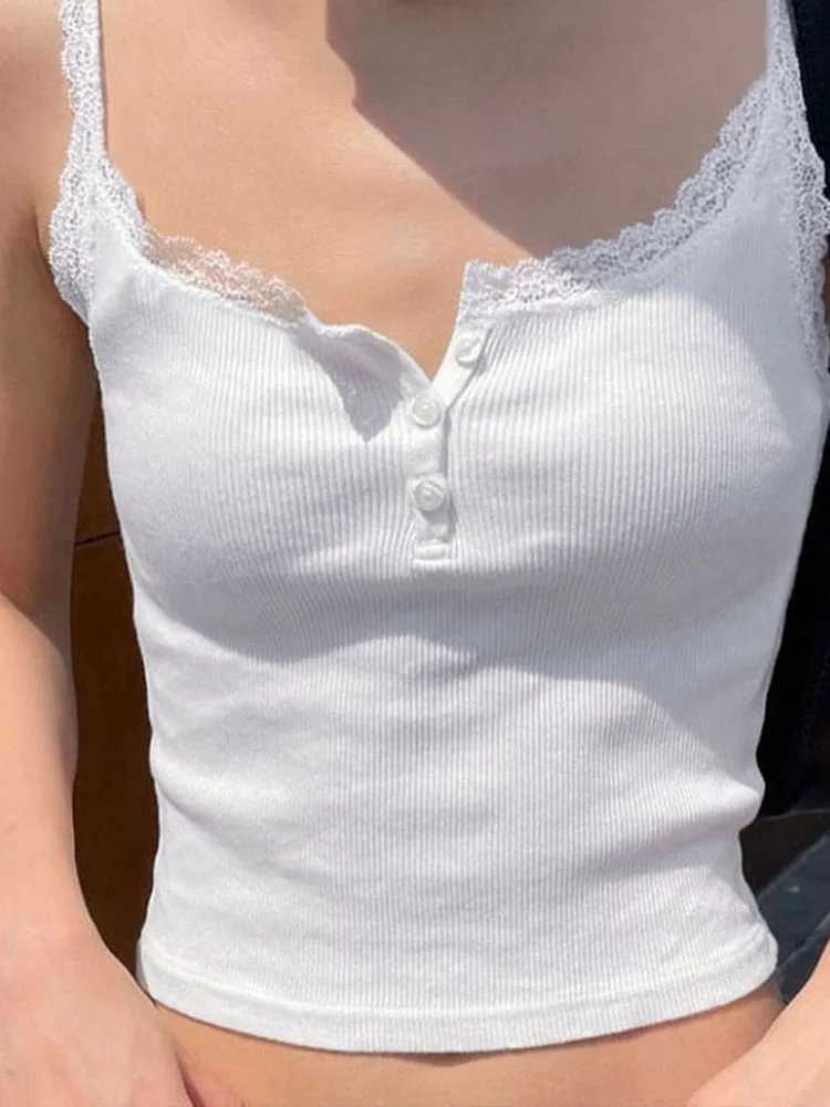 Women s Lace Trim Cami Tops Sveless Spaghetti Strap Slim Fit Vest Crop Tops Button Down Camisole StreetwearXJ250212