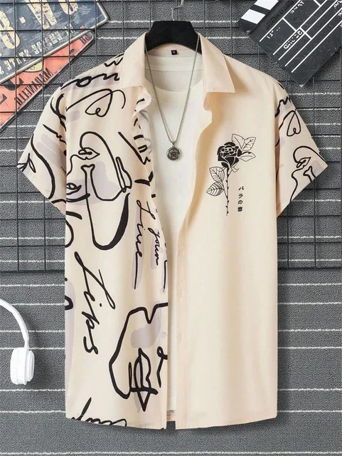 Summer Fashion Mens Shirt Abstract Pattern Print Hawaiian Casual Beach Lapel Mens Short Sleeve Top 250211