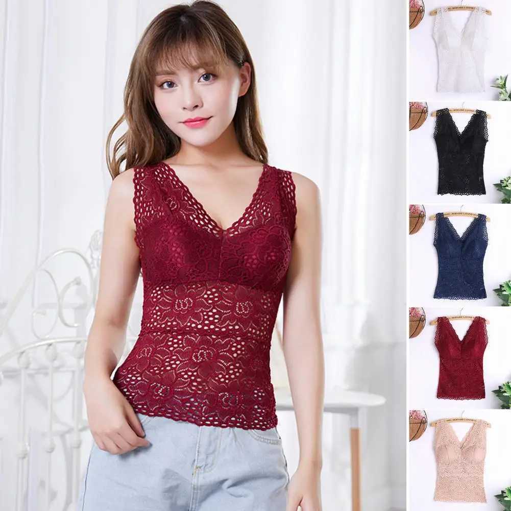 Tank Top V-neck Padded Vest Spaghetti Straps All-Match Sexy Lace Long Bra Crochet Vest Inside WearXJ250212