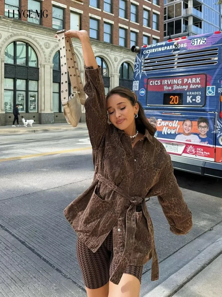 Leopard Jacket Women Lace up Lapel Autumn Coffee Print Womens Shirts Pockets Loose Casual Outerwears Female High Street Hipster 250122