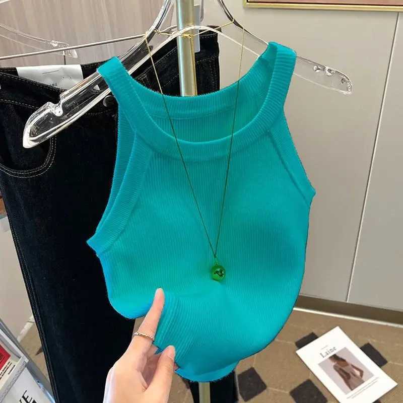 Y2k Knitted U-Neck Suspender Vest Womens Ice Silk Inner Wear Spicy Girl Camis Halter Retro Sveless Tank Crop TopXJ250212