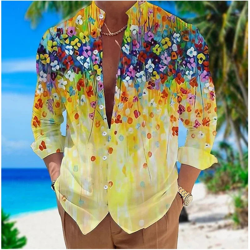 Mens shirt printed stand collar outdoor street long sleeve printed clothing Fashion casual comfortable top 250211