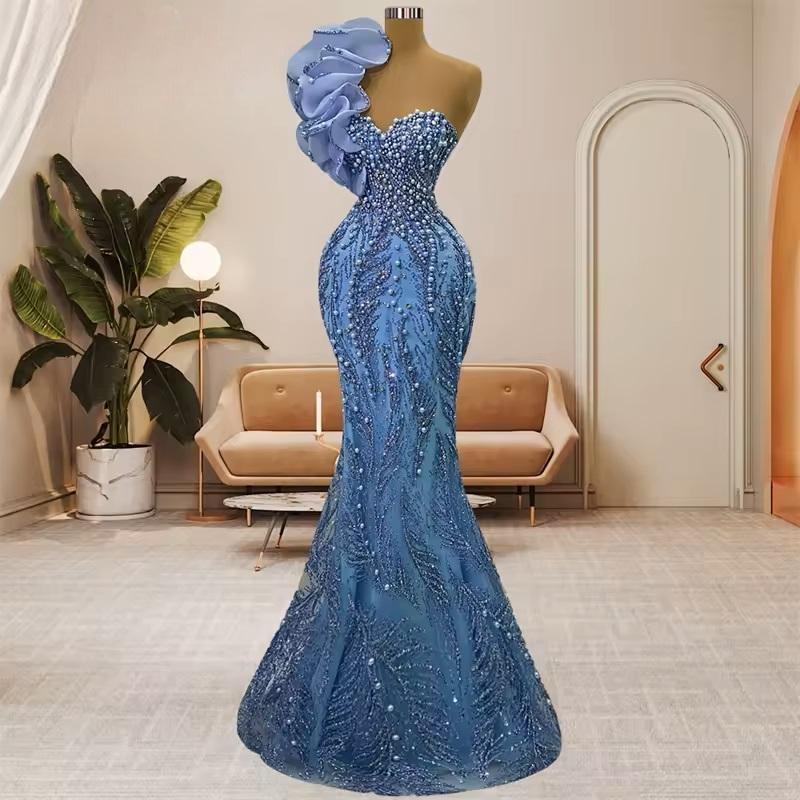 2025 Sky Blue Prom Dress Mermaid Promdress One Shoulder Beaded Lace Flora Pearls Birthday Dress Second Reception Gowns For Special Occasions Black Wom