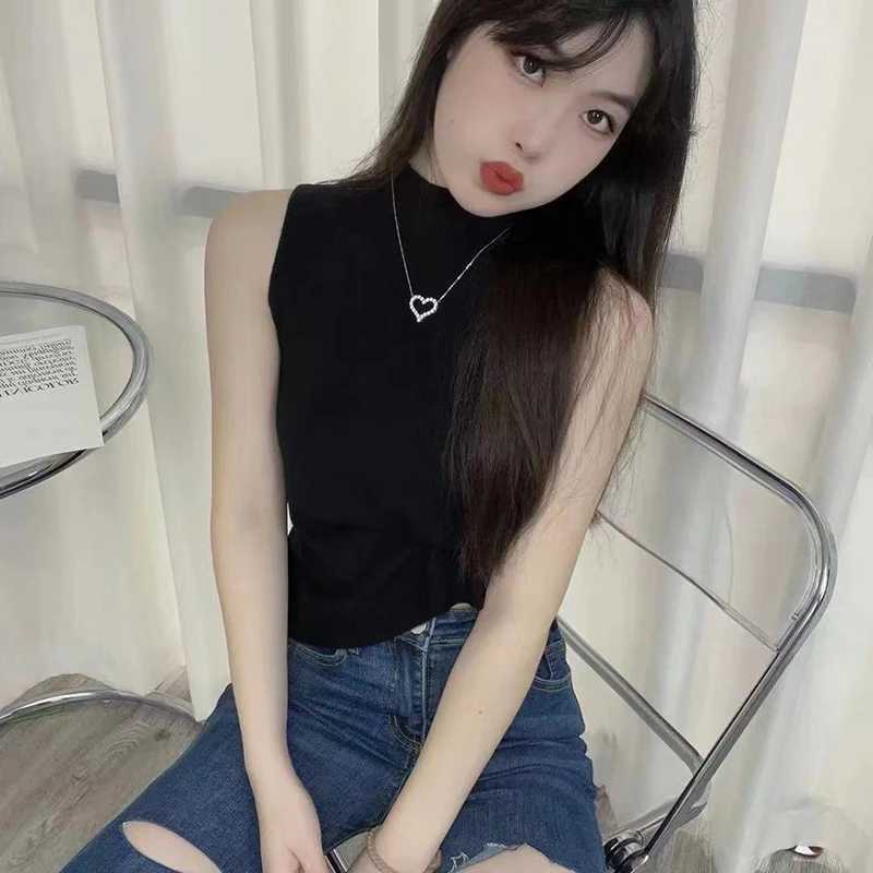 Fashion Half Turtleneck Knitted Tank Top Half High Neck Bottom Shirt Summer Women Casual Solid Color Sveless VestXJ250212