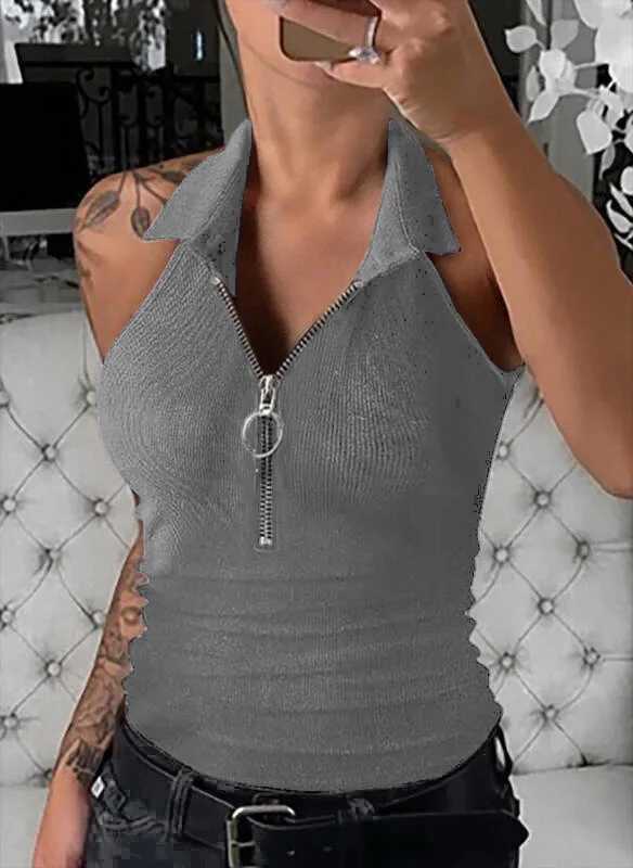 Europe and the United States new spring and summer solid color pit strip lapel zipper vest women fashion casual T-shirt womensXJ250212