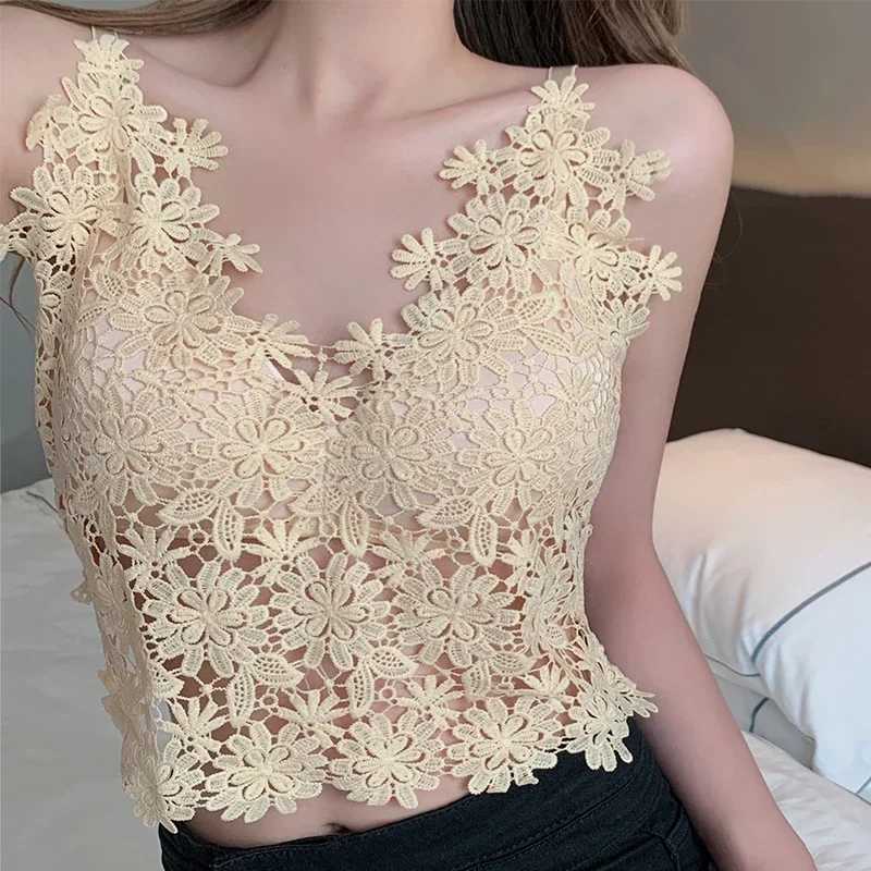 ITOOLIN Summer Women Lace V-Neck Sexy Backless Crop Top Hollow Out Tank Top With Bra Pad Y2K Camis Floral Embroidery Top 2024XJ250212