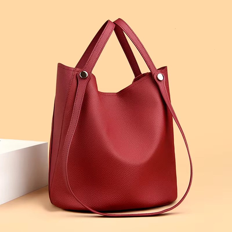Genuine Leather Large Capacity Women Tote Bags Ladies Solid Color Cowhide Shoulder Crossbody Bucket Bag Female Sac A Main