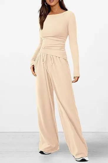 Autumn Solid Color Womens Casual Suit Twopiece Fashion Asymmetric Longsleeved Slim Tshirt Laceup Wideleg Pants Sports 250211Z