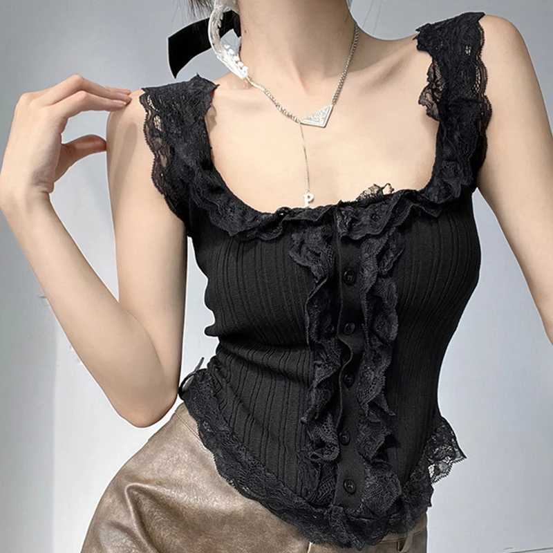 Sexy All-match Simple Lace Stitching Chic Tank Tops For Women Girls Fashion Sweet Casual Slim Fit Short Sveless Tank TopsXJ250212