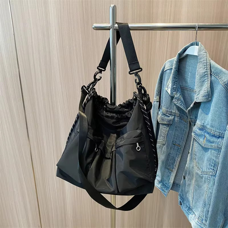 Large Black Nylon Unisex Crossbody Bag Multi-Pocket Totes String Design Travel Shoulder Bags For Women Fashion Handbags Purses
