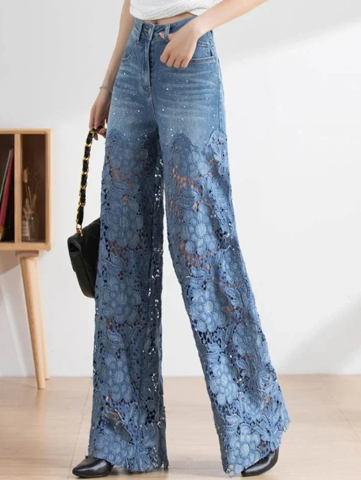 2025 Summer Fashionable High -Waisted WomenS Jeans Lace Rhinestone Patchwork Sexy Hollow Ladies Casual Loose Straight Jeans 250212
