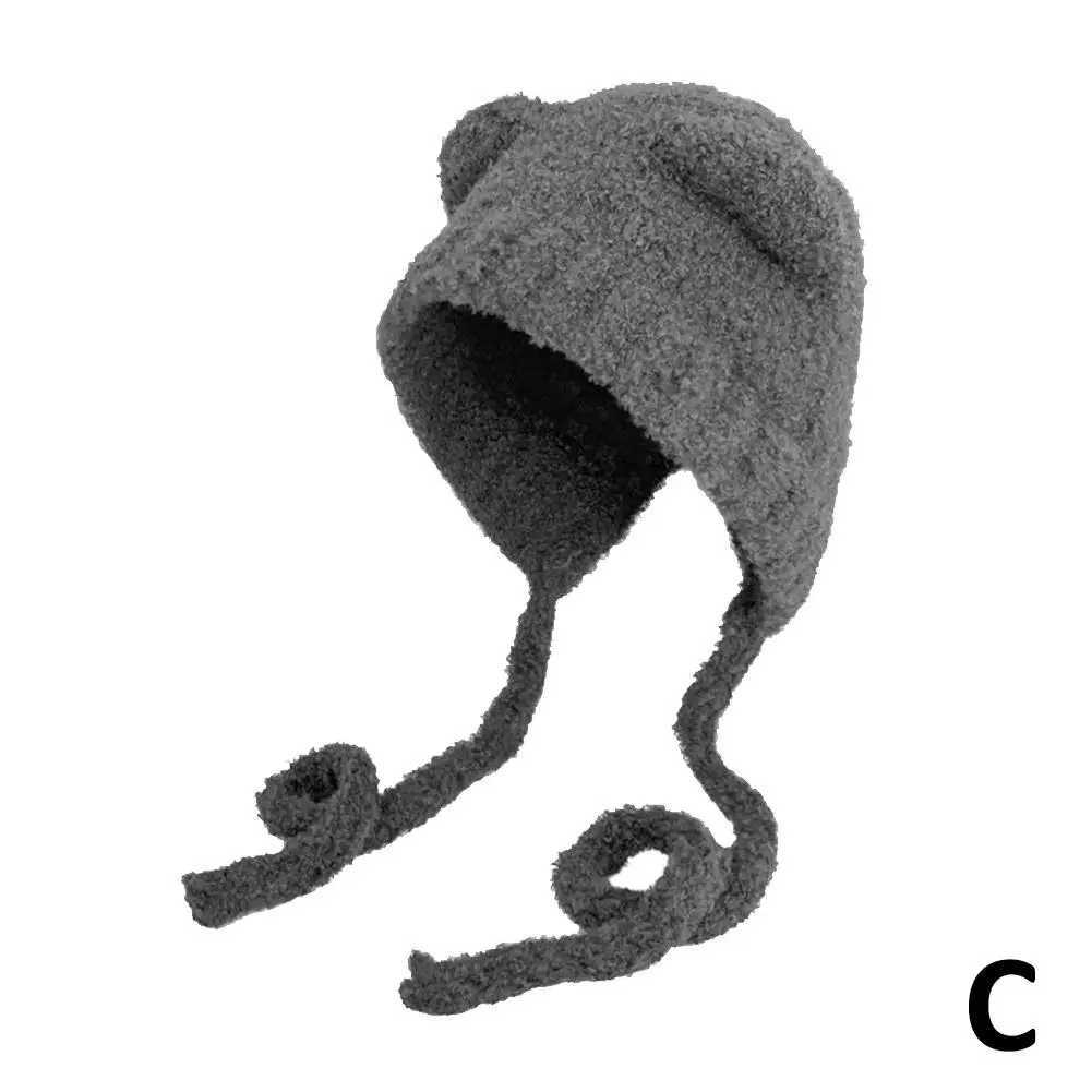 Winter plush bear cute bear ear fur hat warm lace shoe hat Gorros knitted hat warm hat protection Bber Korean ear weave X4L2 X250212