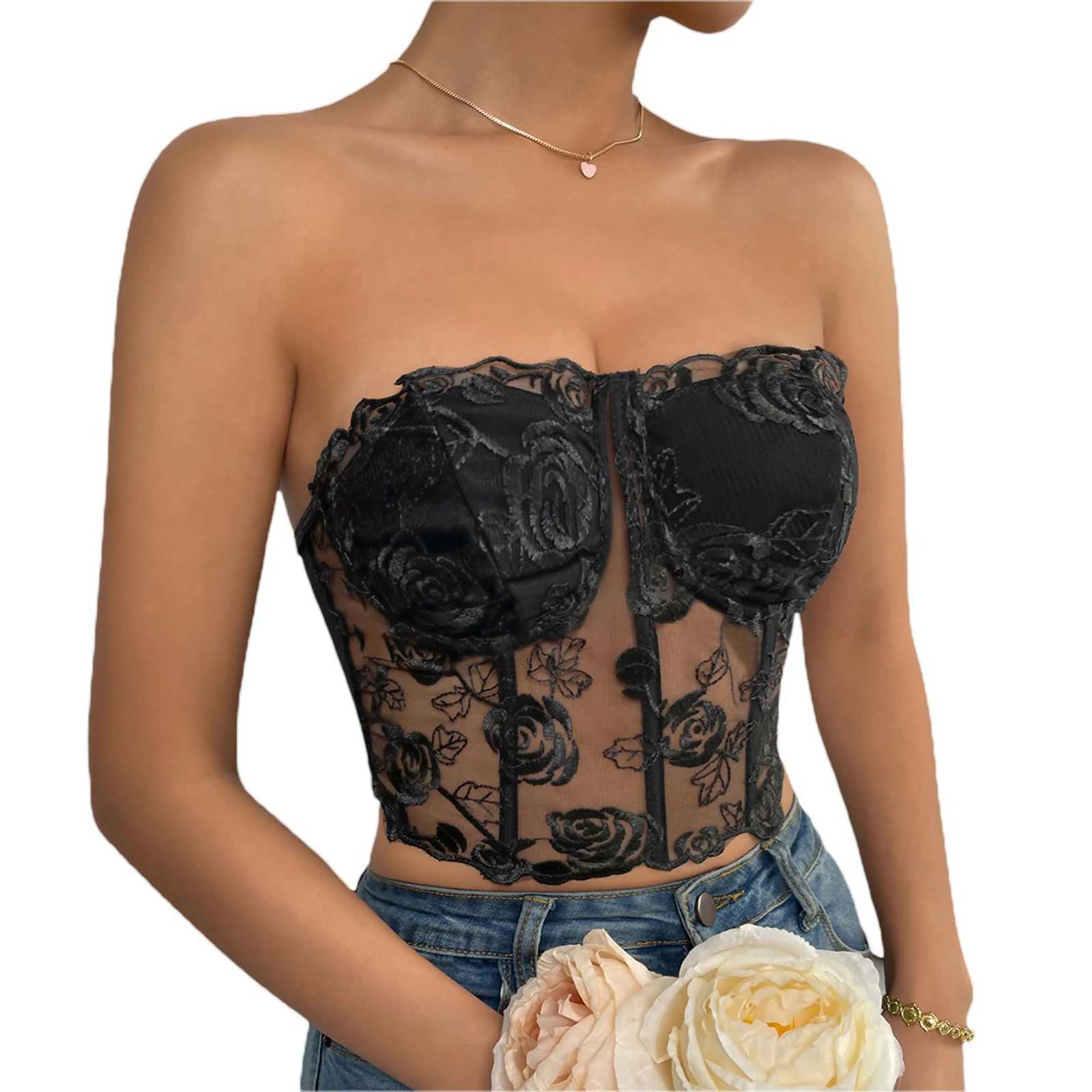 Newest Arrival Women Bustier Tube Tops Embroidery Flower See Through Off Shoulder Tank Tops for Daily Club PartyXJ250212