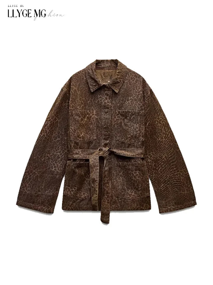 Leopard Jacket Women Lace up Lapel Autumn Coffee Print Womens Shirts Pockets Loose Casual Outerwears Female High Street Hipster 250122