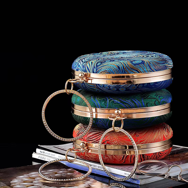 Retro Blue Green Pea Feather Embroidery Round Clutches Evening Bags Fashion Small Handbag For Women Chain Shoulder Bag Purse