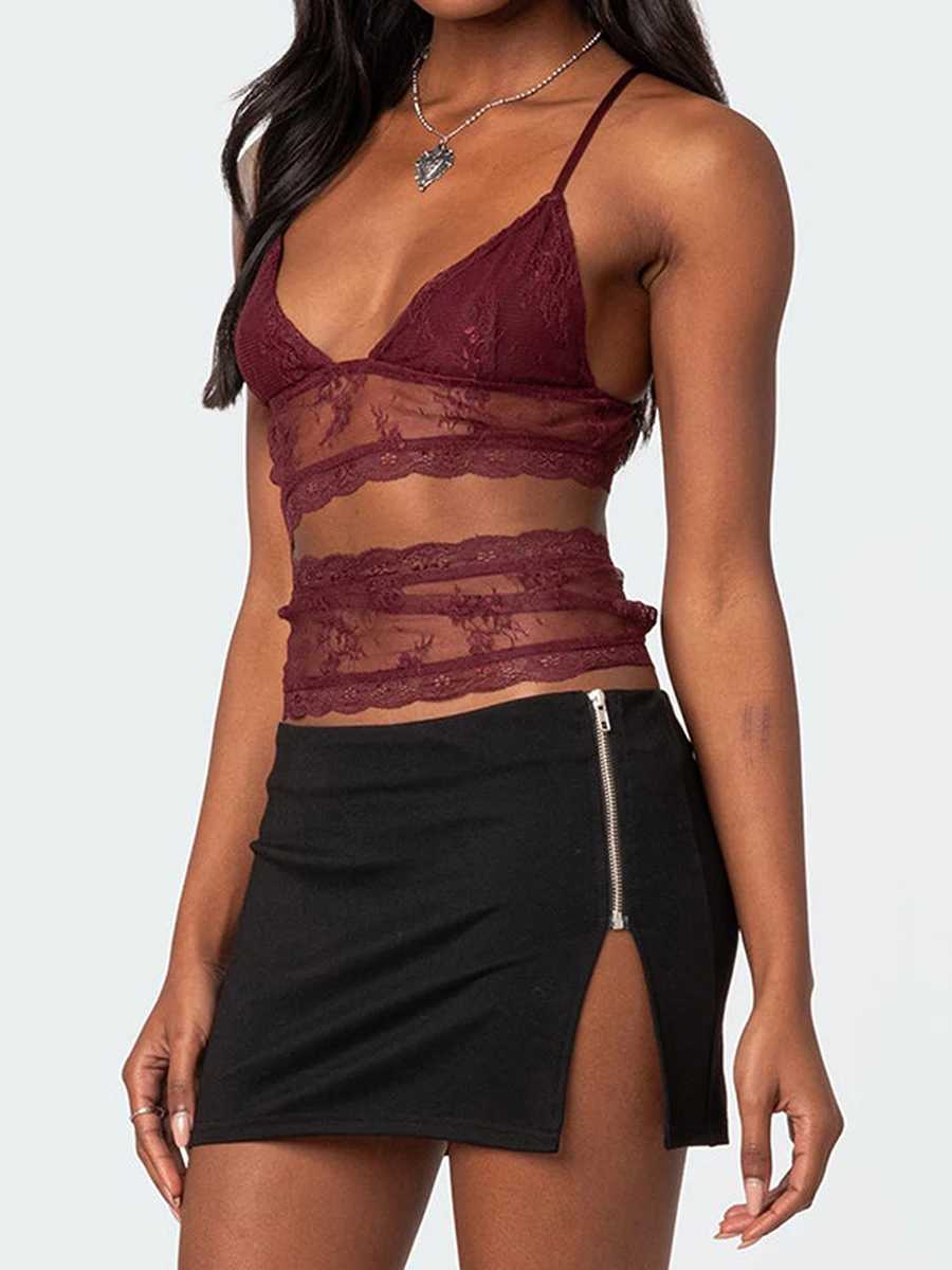 Women Lace Sheer Camisole V-Neck Spaghetti Strap Sheer Vest Slim Fit Cutout Show Navel Tank TopsXJ250212