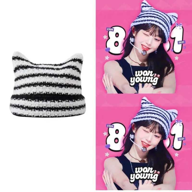 New Japanese Streetwear Harajuku Beanie Little Devil Striped Knitted Hat Wen Girls Autumn Winter Cute Cat Ears Cap X250212