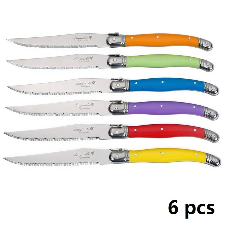 6pcs/7pcs Laguiole Stainless Steel Steak Knife Set Steak Knives With Wooden Holder Steel Dinner Knife Colorful Xmas Cutlery Set 250211
