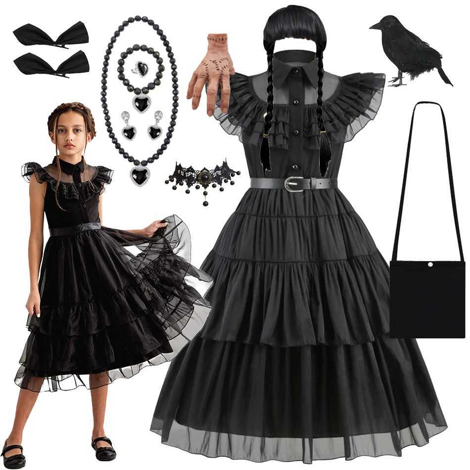 Girls Witch Cosplay Costume Kids Dark Theme Par Gown Halloween Gothic Girls Adams Black Dress Layered Tulle Princess ClothesXJ250117