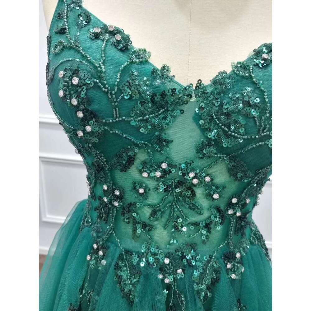 Spaghetti Straps Tulle Beaded Homecoming Dresses Lace Sequin Dark Green Crystal Party Prom tail Graduation Vestido De Gala