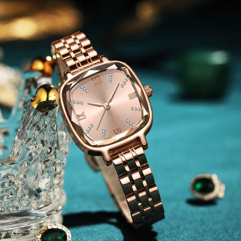 Square shaped womens quartz watch with diamond shaped multi-faceted mirror and thin strap simple and fashionable versatile and versatile W250212