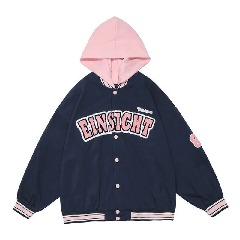 American retro letter embroidery jackets coats womens street casual trend hooded baseball uniform couple loose jacket 250116