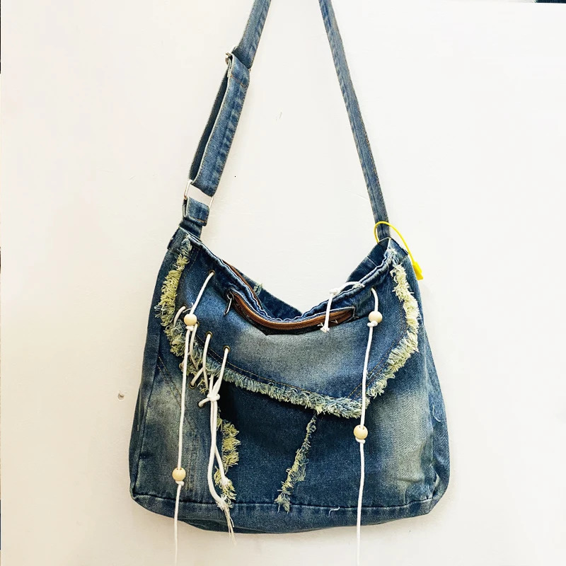 Japan Style Messenger Bags For Women Handbags And Purse In Denim Wooden Beads Stitching Tassel Shoulder 250207