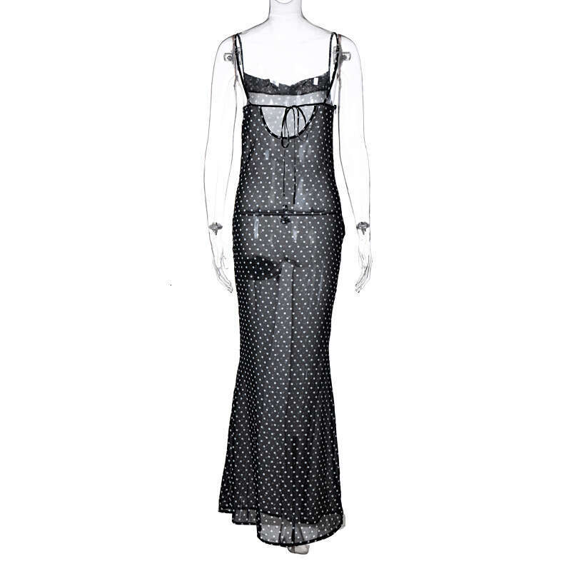 European and American style sexy camisole dress spring mesh transparent back lace up long skirt wholesale 2025 temperament versatile new trendy clothi