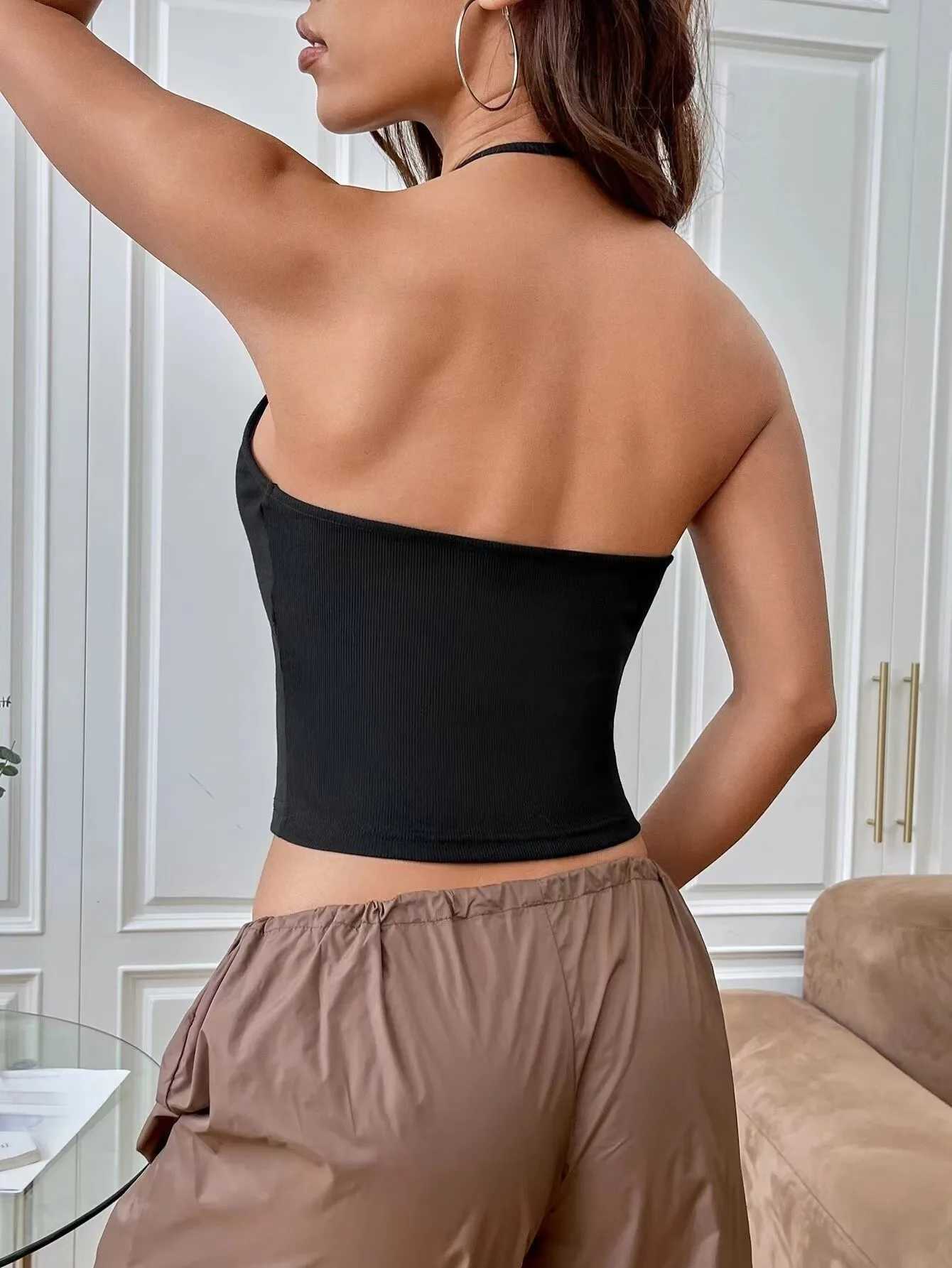 Tight backless navel-baring low-cut halter sveless sexy and charming suspender topXJ250212