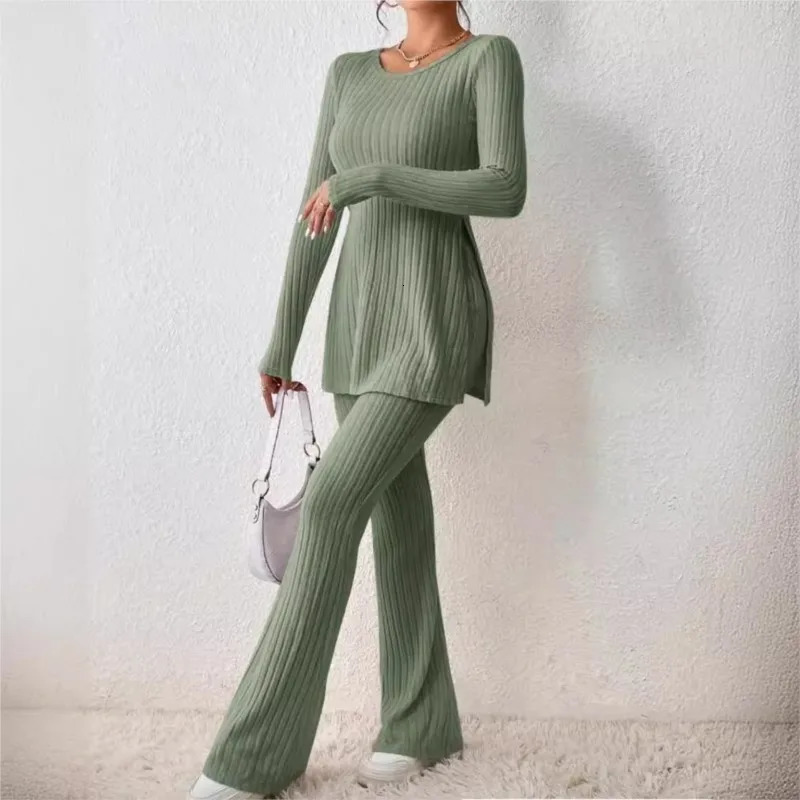 Autumn Winter Womens Clothing Style Solid Color Sexy Casual Long Sleeved Round Neck Slit Fashion Temperament Twopiece Set 250211Z