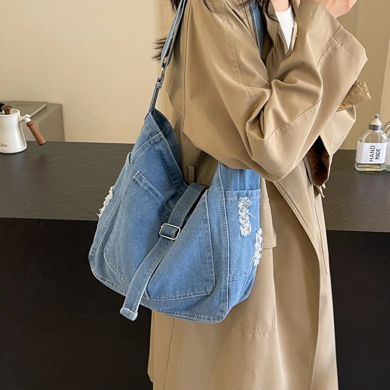 Womens Messenger Bag Vintage Denim Handbag Teenager Shoulder Tote Bags Casual Canvas Crossbody Handbags Large Capacity Bookbag 250207