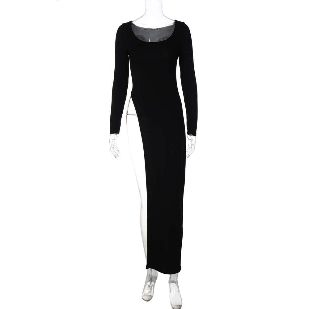 Hot selg women's autumn product fashion personality U-neck slim fit slit long sleeved dress wholesale 2025 new style temperament chic elegant clo