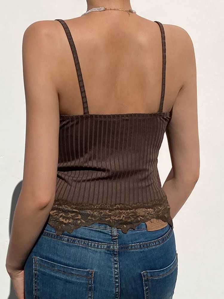 Gothic Basic Bodycon Women Camis Grunge Punk Black Casual Lace Trim Crop Tops Ribbed Backless Alt Clothes SummerXJ250212