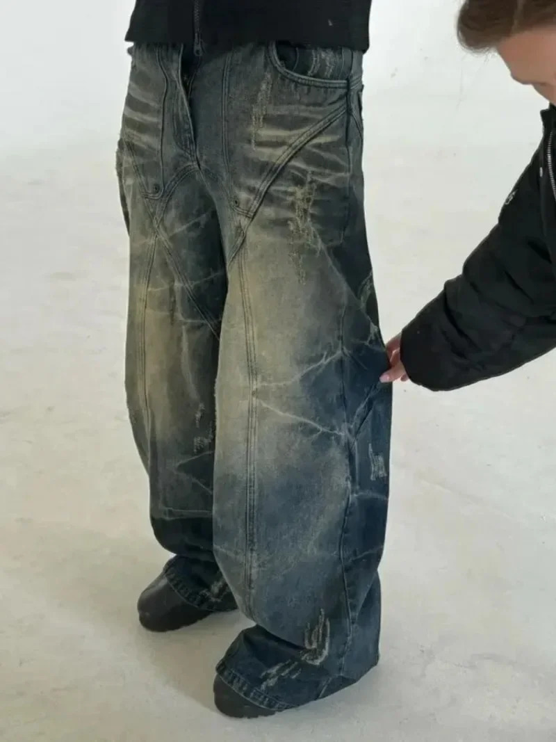 2000s Harajuku Pants Fashion Ripped Washed Loose Jean Retro Hiphop Goth High Waisted Wide Leg Denim Trousers 250211