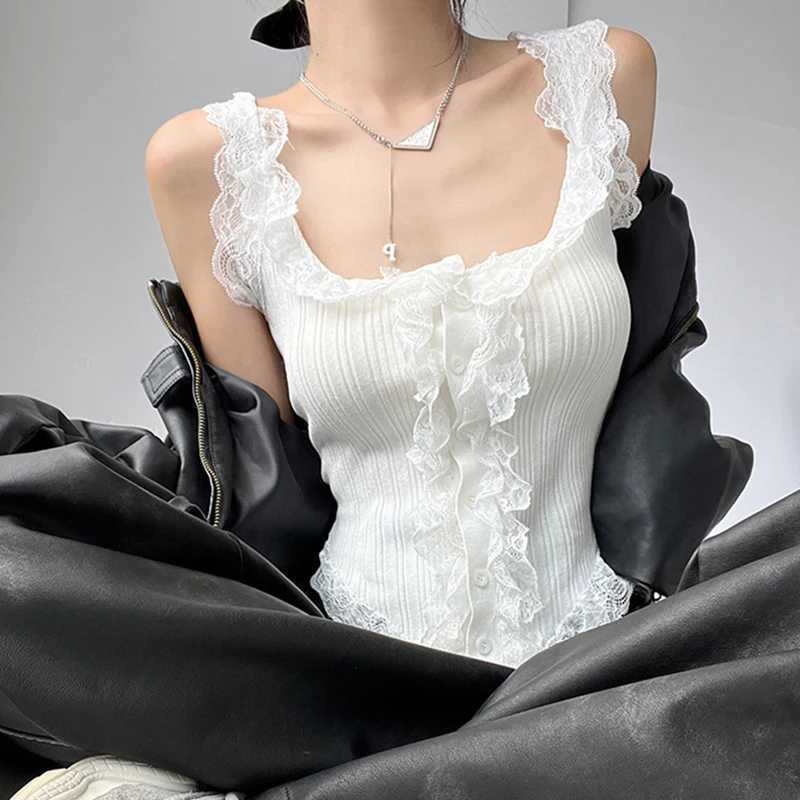 Sexy All-match Simple Lace Stitching Chic Tank Tops For Women Girls Fashion Sweet Casual Slim Fit Short Sveless Tank TopsXJ250212