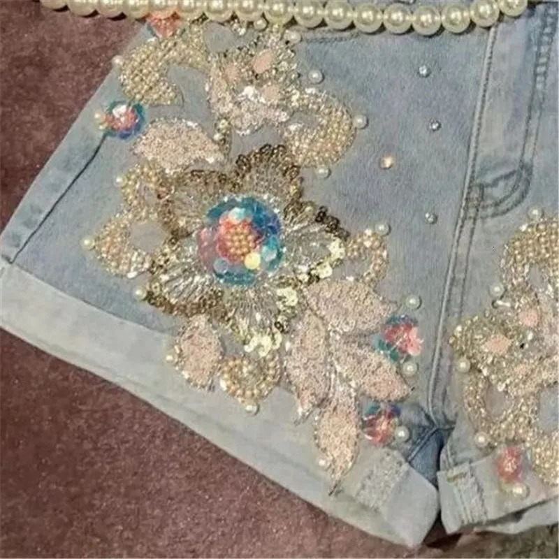 Limiguyue Summer High Quality Sequined Denim Shorts Wide Legs Diamond Jeans Pearl 3D Flowers Diamonds Short Pants Cow 062P 250212