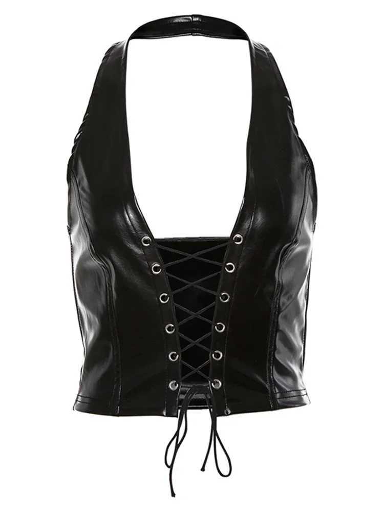 Sexy Crop Top Inside Women Black PU Leather Rope Strap Hollow Out Punk Style Tank Tops Vest Fashion Backless Club Party WearXJ250212