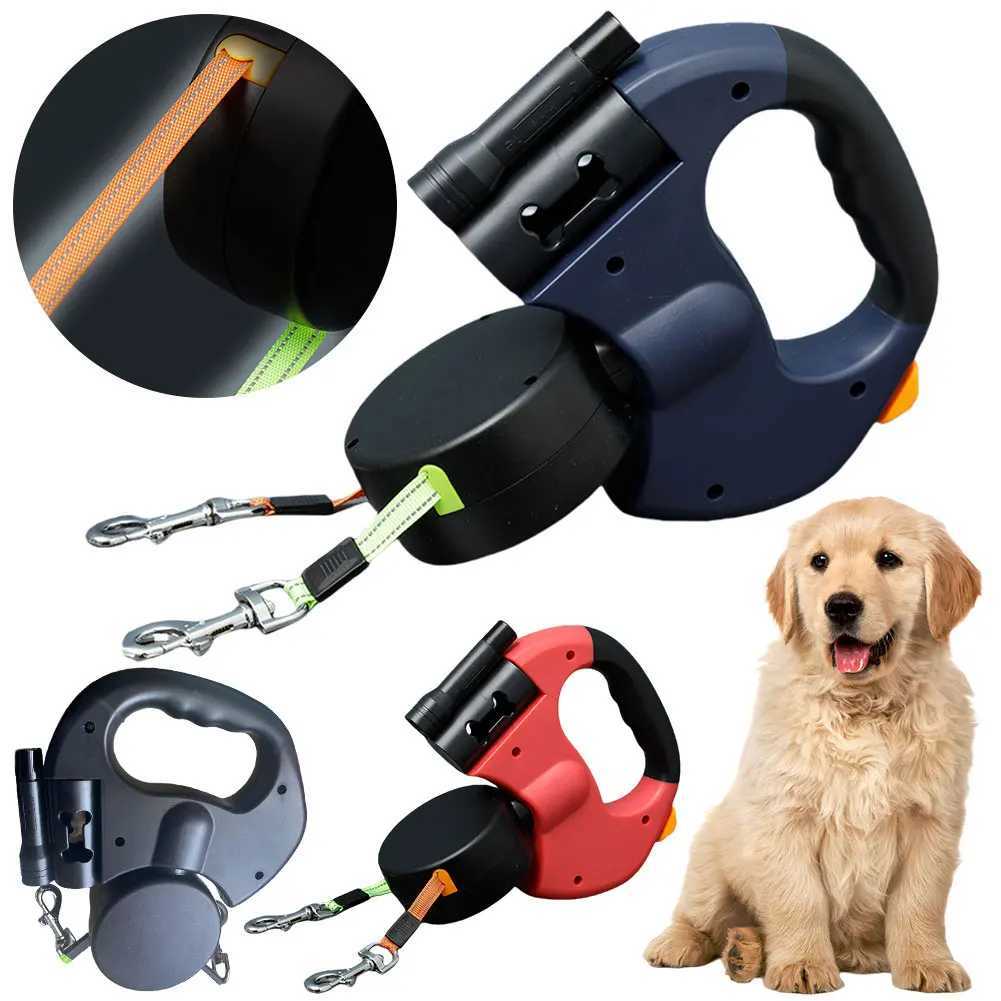 Dog Collars Double Headed Leash Walking 360 Degree Swivel Dual Pet with LED Light Retractable for 2 Dogs H250208