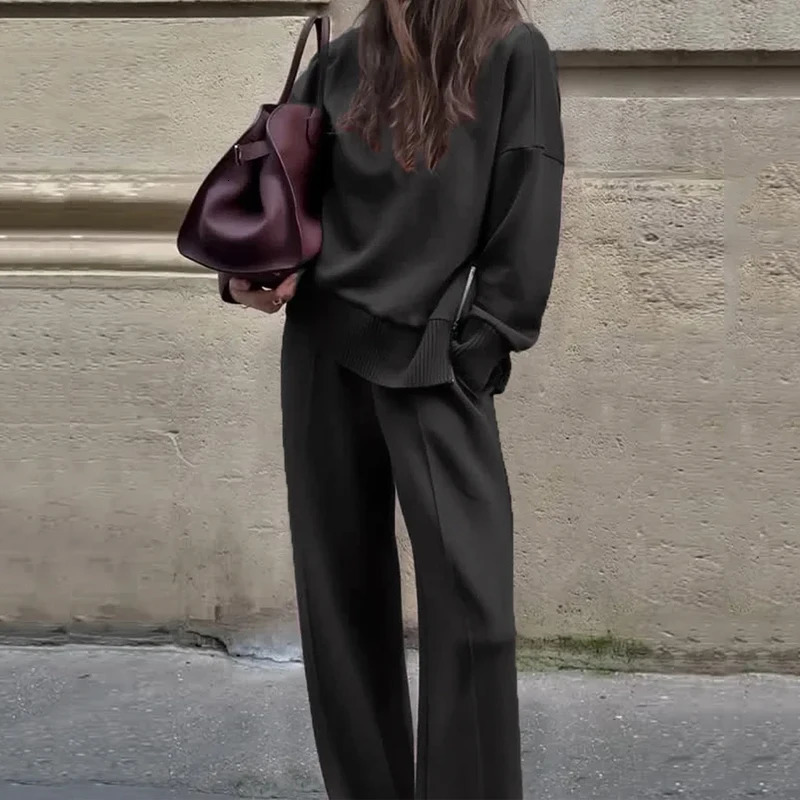 Wefads Two Piece Set Women Autumn Winter est Solid Long Sleeve Turtleneck Pullover Top Loose Pants Sets High Streetwear 250207