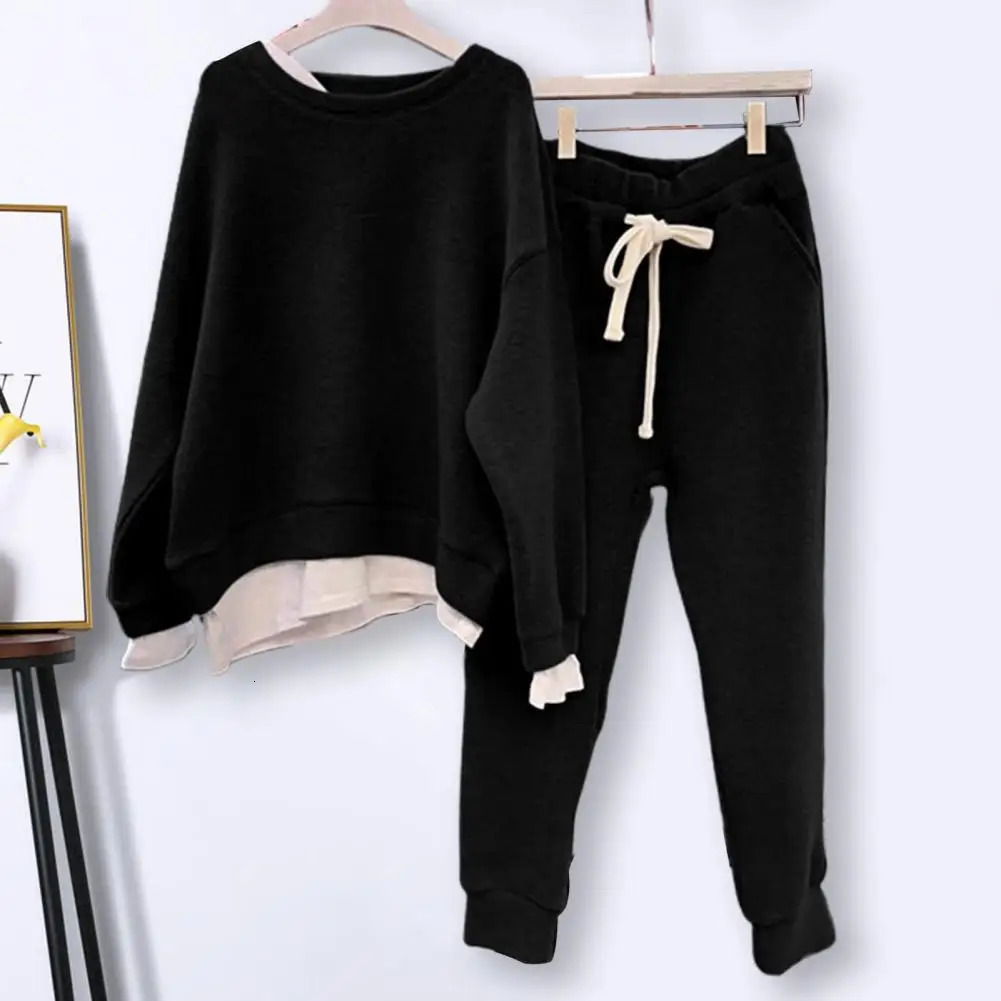 2 PcsSet Trendy Two Piece Set Women Sweatshirt Pants Loose Adjustable Waist Sweatpants Thermal 250211Z