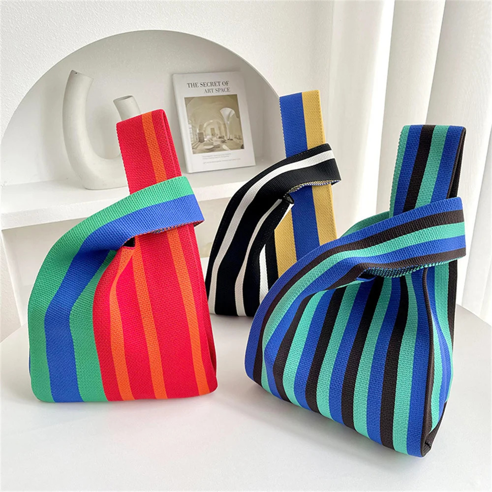 Original Stripes Knitted Bag Student Handbag Casual Shoulder Handbag Women Retro Wrist Bag 250207