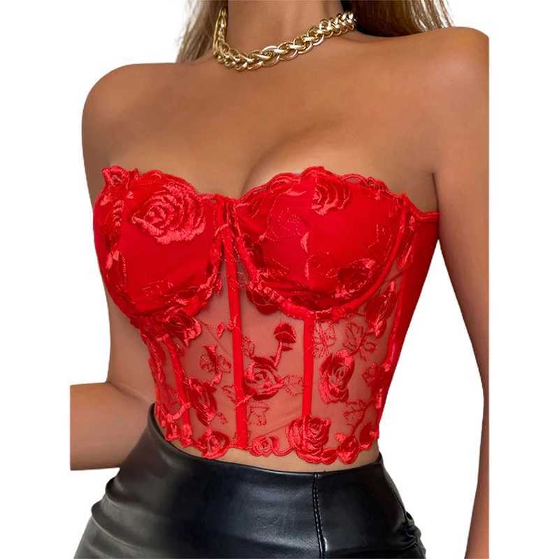 Newest Arrival Women Bustier Tube Tops Embroidery Flower See Through Off Shoulder Tank Tops for Daily Club PartyXJ250212