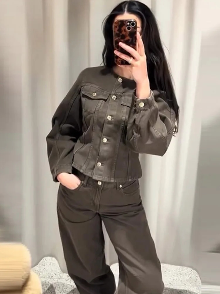 Street Denim Jacket Pants Women Sets Lapel Long Sleeve Single Breasted Coat Wide Leg Trouser Suit Y2k Lady Jeans 2 Piece Set 250206