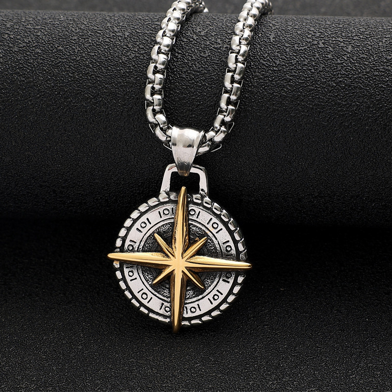 Hip Hop Vintage Stainless Steel Compass Pendant Necklace 18K Gold Plated Men Jewelry