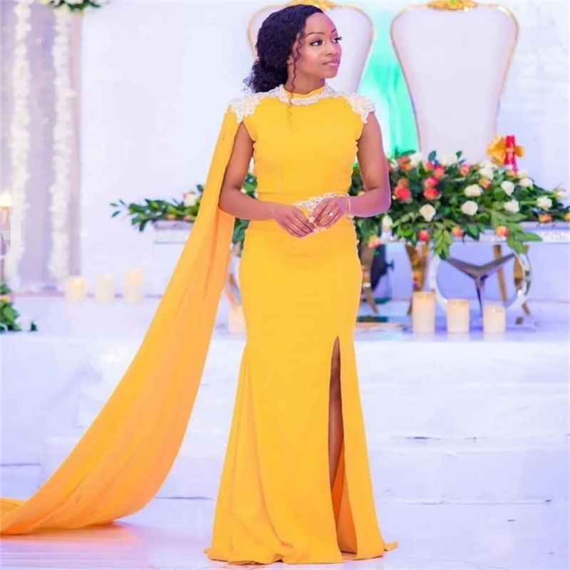 Gorgeous Yellow Prom Dress With Train Elegant Crystal Mermaid Black Girls Evening Dress Dance Slit Formal Party Dress 2025 African Robe De Soiree Vest