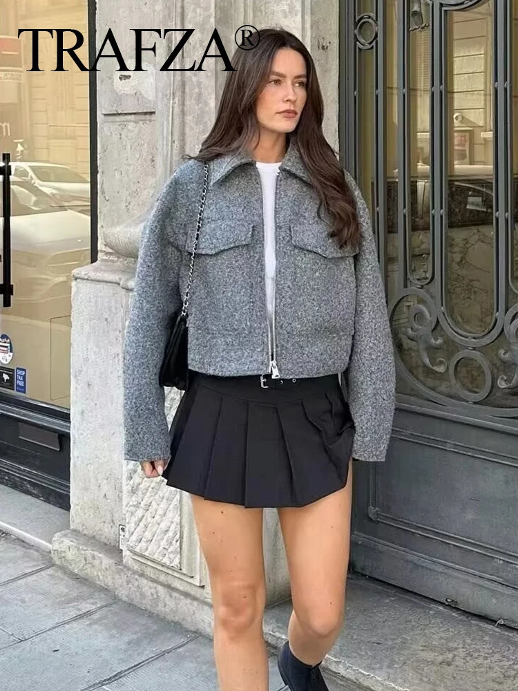 TRAFZA vintage womens solid tweed cut jacket with pockets long sleeved lapel open top jacket womens street jacket 250210