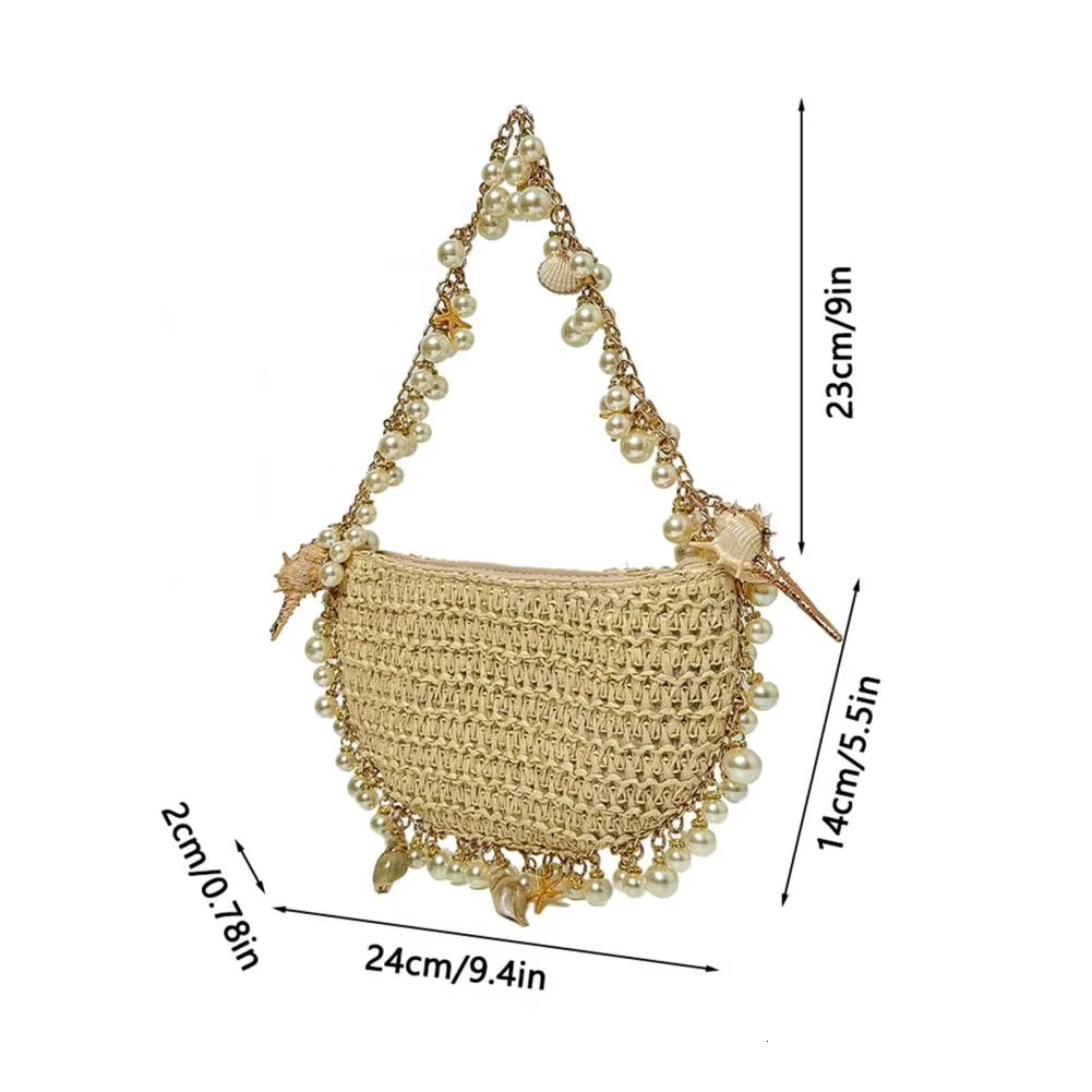 Small Purse Summer Straw Beach Elegant Faux Pearl Shell Fishstar Decor Handbag With Chain Straps Women's Shoulder Bag