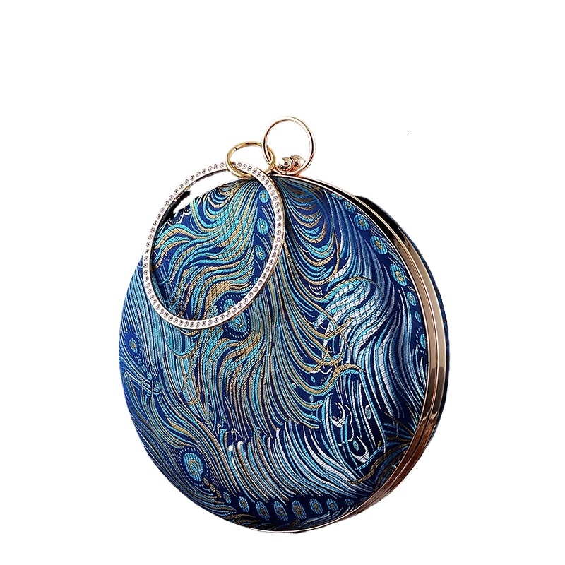 Retro Blue Green Pea Feather Embroidery Round Clutches Evening Bags Fashion Small Handbag For Women Chain Shoulder Bag Purse
