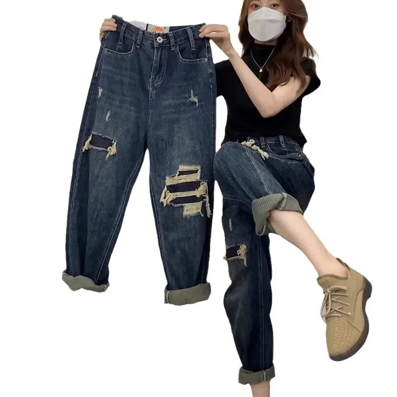 Plus Size Vintage Ripped Straight-Leg Jeans Womens Autumn/Winter Loose-Fit Slimming High-Waisted Harem Grandpa Bell Bottoms 250212
