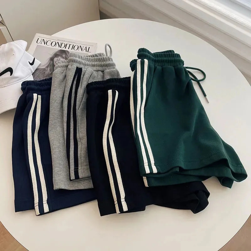 Stripe Sports Shorts Women Y2K Summer High Waist Loose Casual Jogging Shorts Bf Korean Streetwear All-Match Knee-Length Shorts 250212